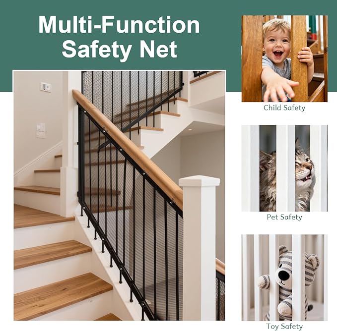 Banister Guard Safety Net 15 x 3 ft, Child and Pet Protection for Balcony and Stair, Black