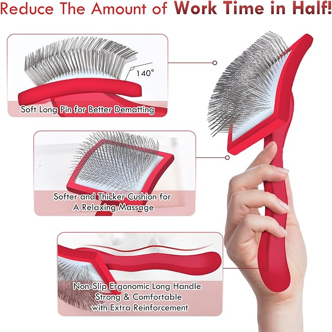Slicker Brush for Dogs, Large Long Pin Dog Grooming Brush for Doodles Goldendoodles Poodles Labradoodle Bernedoodles, 3 Pcs Wooden Handle for Mats Tangles - Red