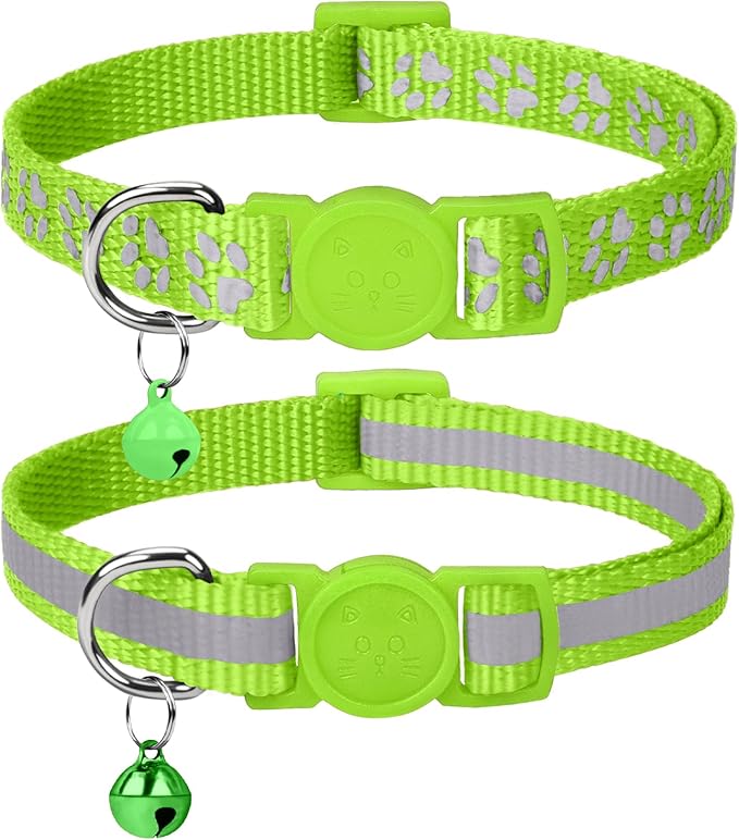 Taglory Reflective Cat Collar Breakaway with Bell, High Visibility Night Strip, Lightweight Adjustable Nylon Collar for Boy Girl Cats, 2 Pack, 7.5-12.5 Inch, Green
