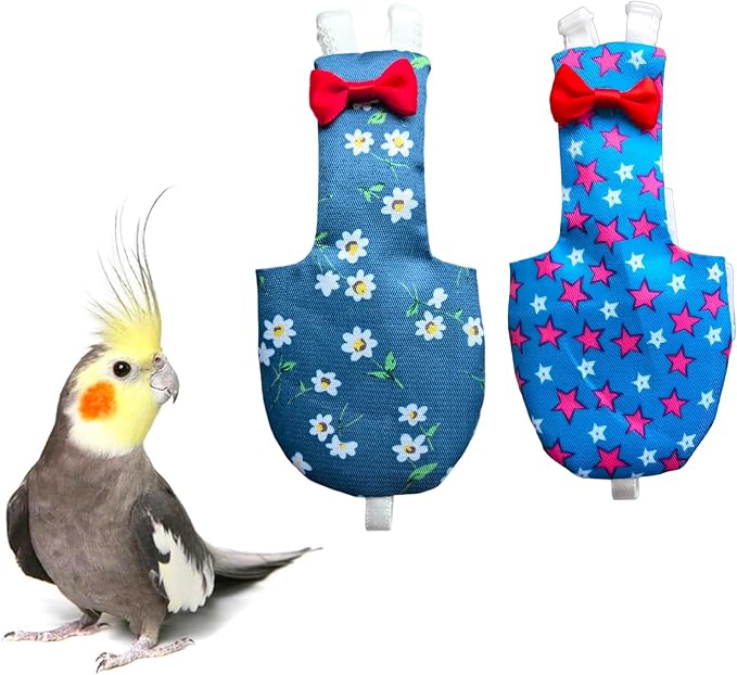 UKJENT Bird Diaper Protective Parrot Nappy 2 Pack, Reusable Flight Suit with Waterproof Inner Layer, Washable Cute Urine Wet Suit for Cockatiel Monk Parakeet Sun Parakeet Lory(S)