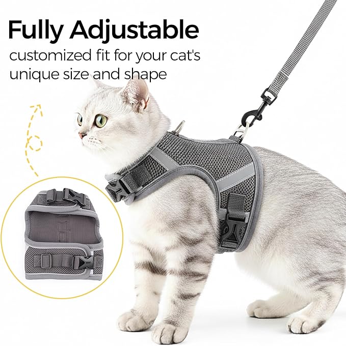 Cat Harness and Leash Escape Proof Kitten Harness Cat Leash for Walking Travel Service Cat Vest, Grey, Medium
