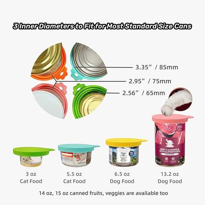 MoPawKT- Silicone Pet Food Can Covers Lids, 3 Inner Diameters 2.6”/3”/3.4” Fit for 3-15 oz Standard Cat & Dog Food Cans/Tins, Multi-Size Canned Food Covers, BPA Free, Reusable (Blue+Green, 1 spoon)