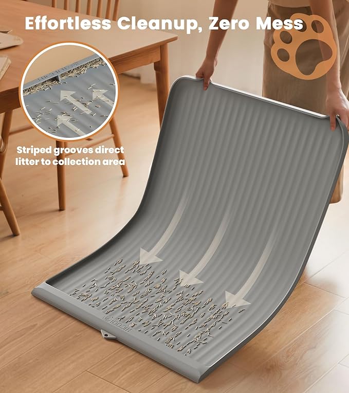 Cat Litter Mat 36x24 Inch, Silicone Litter Box Mat with Raised Edge and Diversion Groove, Waterproof Litter Trapping Mat, Easy to Clean Cat Mat for Litter Box, Grey