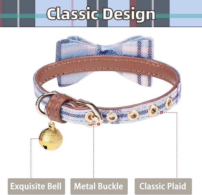 PUPTECK Puppy Collar with Bell XXS Dog Collar Charm Adjustable Bowtie Soft Leather for Cats Kittens Extra Small Dogs 2 Packs