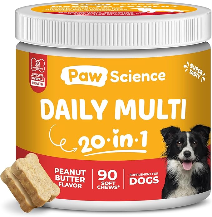 Paw Science Dog Vitamins and Supplements - 20-in-1 Multivitamin Treats for Dogs - Glucosamine, Probiotics, Wild Alaskan Salmon Oil, Chondroitin, MSM & More - Peanut Butter Flavor - 90 Count