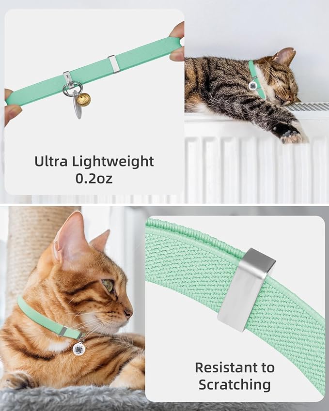 Cat Collar with QR Code Name Tag, Stretch Elastic Quick Release, Cat ID Tag Personalized, Ultra-Durable, Non Breakaway Lightweight Kitten Collar Fits Most Girl Boy Small Large Cats (Green)