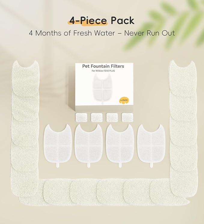 4 Pack Filters Replacement Filter for FS10 Plus, 6 Layer Filter, Pet Drinking Fountain for 138 fl oz/4.1L FS10 Plus (White, 4 Filters + 16 Sponges + 4 Pump Filters)