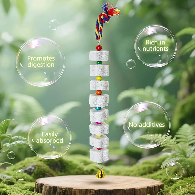 3 Pack Bird Chewing Toy Lava Calcium Bird Beak Grinding Stone with Bell Hanging Parakeet Cage Accessories for Parrot Budgies Hamster Chinchilla Rabbit African Grey