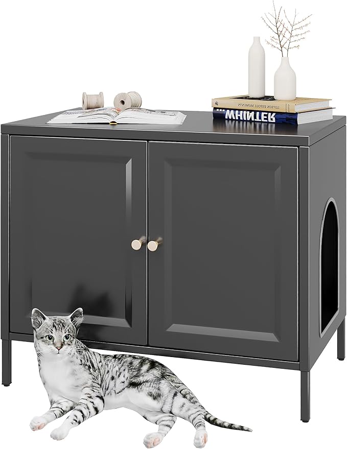 METAN Metal Cat Litter Box Enclosure,Steel Cat Washroom Furniture with Barn Door, Pet House, Fit Most of Litter Box,Assembly Required,Black, (Black)