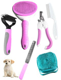 Dog Cat Grooming Kit, Brushes, Dematting Rake and Comb, Nail Clipper, Nail File, Flea Comb (Pink 6 Kits)