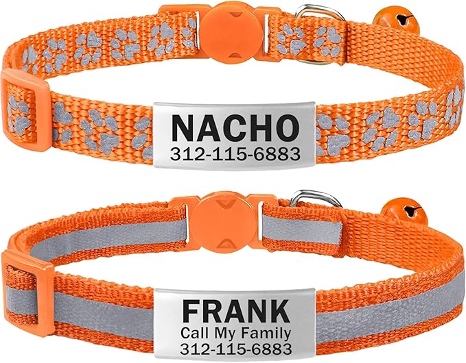 TagME 2 Pack Cat Collar with Name Tag, Personalized Reflective Cat Collar Breakaway with Bell for Boy & Girl Kitten, Orange