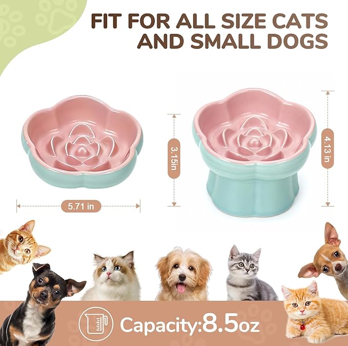 Cat Slow Feeder Flower-Shaped Ceramic Slow Feeder Cat Bowl, Tilted Raised Cat Slow Feeder Bowl for Whisker Relief, Prevents Vomiting & Bloating, Non-Slip Base, Cat Bowls for Dry and Wet Food