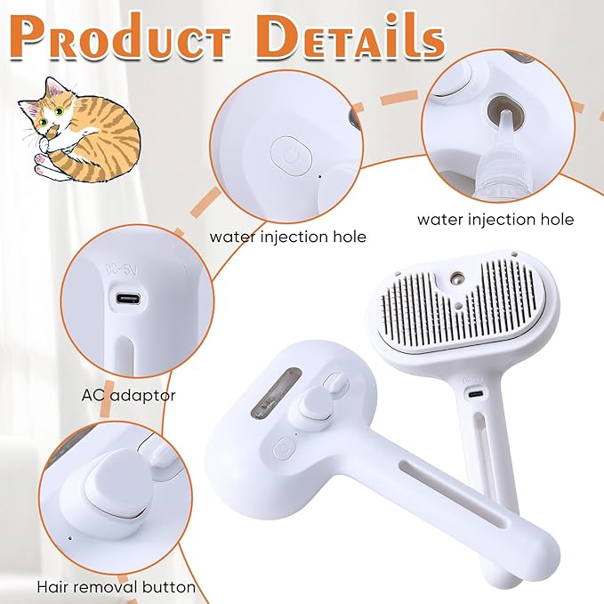 NATUYA Cat Steam Brush, Self-Cleaning Pet Brush for Dog and Cats Shedding Massaging Grooming, Cool Mist Only, Come With Cat Nail Clipper (White)