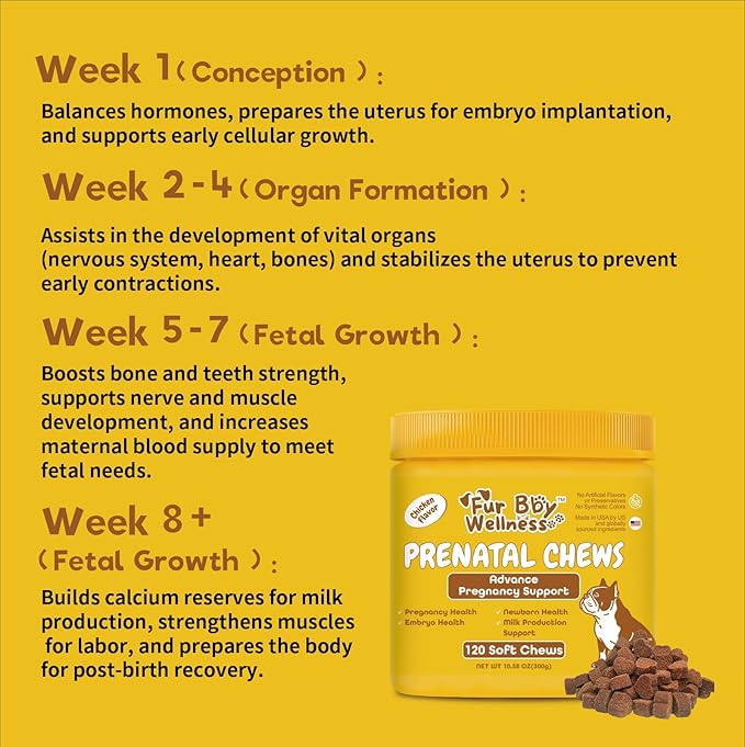 Dog Prenatal Vitamins - Supports Healthy Pregnancy, Puppy Growth & Lactation - with Folic Acid, Iron & Calcium - Advanced Supplement for Pregnant & Nursing Dogs - 120 Soft Chews
