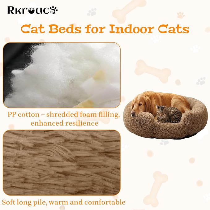 Fluffy Dog Bed Calming Donut Beds for Large Dogs Warming Round Small Medium Pet Nest Cozy Cat Mattress Indoor Washable Puppy Kennel Kittens Sleep Mat (M, 27.5×27.5 inch, Light Brown)