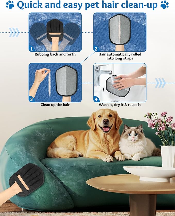 2 Pcs Pet Hair Removal Glove for Cats & Dogs,Upgraded Five-Finger Electrostatic Pet Hair Gloves,Reusable & Washable Magic Brush Pet Hair Removal Tool for Couch, Furniture,Clothing