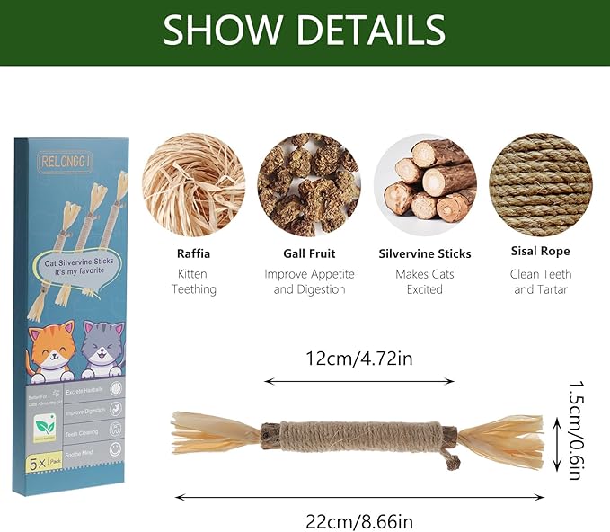 5 PCS Silvervine Sticks for Cats - Natural Cat Chew Toys for Teeth Cleaning, Kitten Teething & Aggressive Chewers