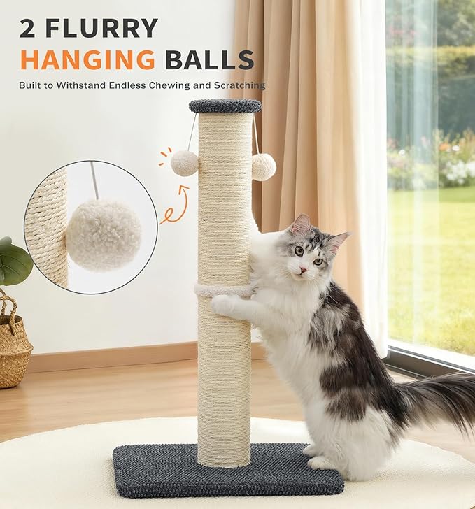 Made4Pets Tall Cat Scratching Post, 33" Natural Sisal Cat Scratcher with Hanging Balls, Heavy Duty and Thicker Scratching Post for Indoor Cats Adults, Sturdy Base Cat Scratch Post, Dark Grey
