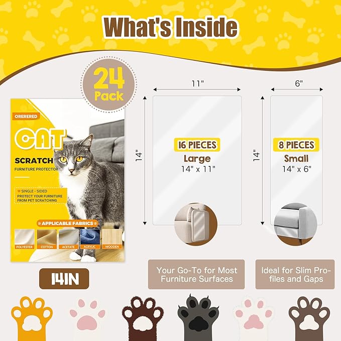 Couch Protector from Cat Claws, 24-Pack Cat Scratch Furniture Protector- Complete Coverage Self-Adhesive Protectors Kit, Scratching Deterrent and Shield for Sofa Corners, Walls, Doors, 14in