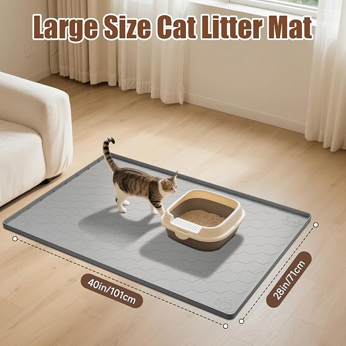 Pawinner Cat Mat for Litter Box, 40" X 28" Large Silicone Cat Litter Trapping Mat, Waterproof Kitty Litter Mat, Urine-Proof, Easy to Clean, Non-Slip Kitty Scratch Pad for Floor(Gray)
