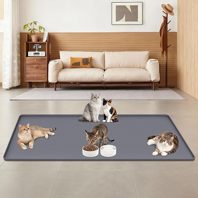 Lanstics Cat Food Mat, 51" x 26" Large Silicone Mat Cat Feeding Mat with Raised Edge Non-Slip Pet Feeding Mat for Food and Water Bowl, Easy to Clean, Floor Protection (Gray)