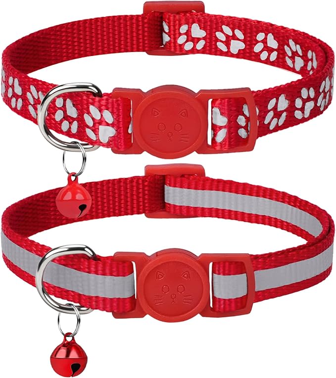 Taglory Reflective Cat Collar Breakaway with Bell, High Visibility Night Strip, Lightweight Adjustable Nylon Collar for Boy Girl Cats, 2 Pack, 7.5-12.5 Inch, Red
