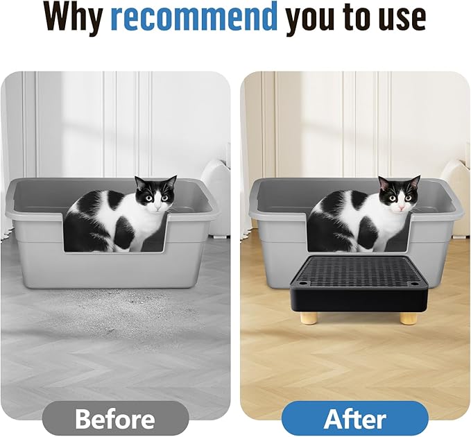 Extra Large Cat Litter Box Step Ramp, Cat's Litter Catcher Mat with Wooden Feet, Filter Function, Pedal Stool for Self-Cleaning Cat Litter Box, Ideal for Kitten & Elderly Cats (Black)
