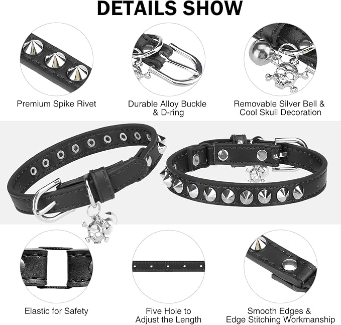 Leather Cat Collars for Boy Girl Cats with Bell and Safety Elastic Belt, Personalized Rivets Stud Adjustable Safe Buckle Collar with Skull Charm for Kitty Small Pets, Black