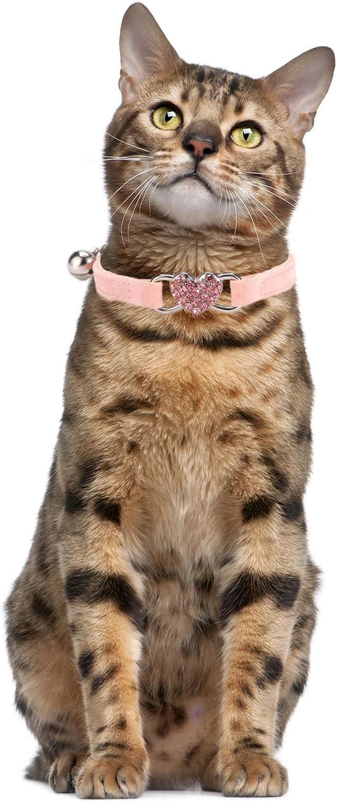 Pink Puppy Collar with Bell, Bling Rhinestone Heart Litte Dog Collar Soft Velvet Girl Cat Collars with Bells for XXS XS Tiny Pet Dogs Female Kitten