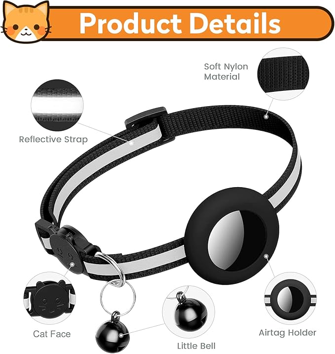 Airtag Cat Collar with Bell, Reflective Nylon Kitten Collar with Apple Air Tag Holder and Breakaway Safety Buckle for Puppy Girl Boy Cats, 3/8" in Width and Lightweight, Dark Blue