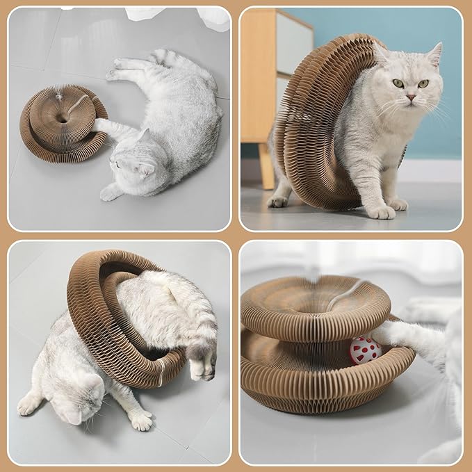Foldable Accordion Cat Scratcher Toy with Bell Ball, Recyclable Corrugated Cardboard Interactive Scratching Pad for Indoor Cats & Kittens, 1 Pack(White)