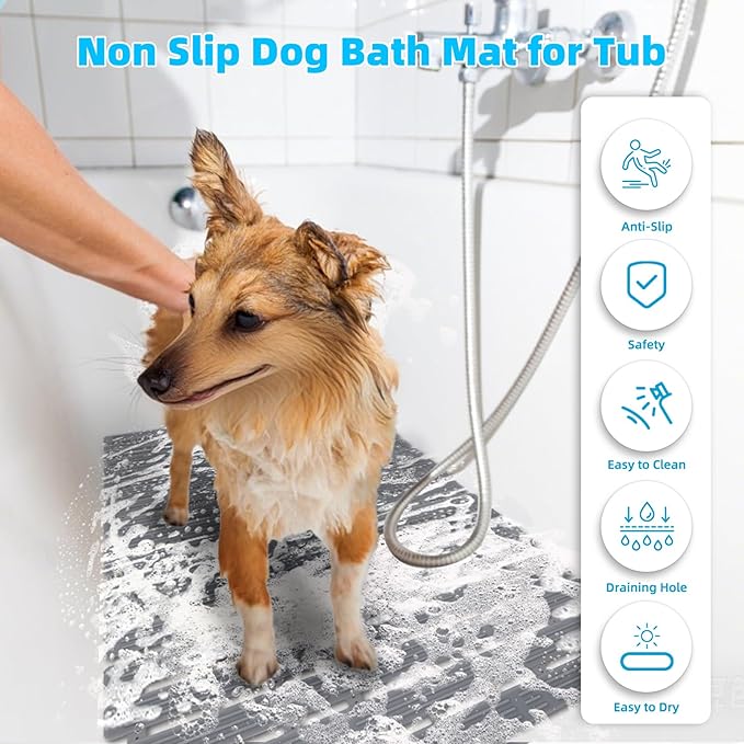 Non Slip Dog Bath Mat for Tub, Quick Drain Pet Bathtub Mat, 26.8 x 15.7 Inch Trimmable Non Slip Shower Pad with Drain Holes and 162 Suction Cups for Pet Bathing, Dog Shower Attachment (Grey S)