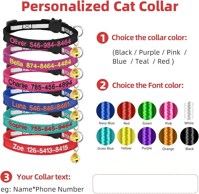 Cat Collar, Personalized Nylon Breakaway Cat ID Collar Embroidered with Pet Name and Phone Number and Bell (Without Airtag case)