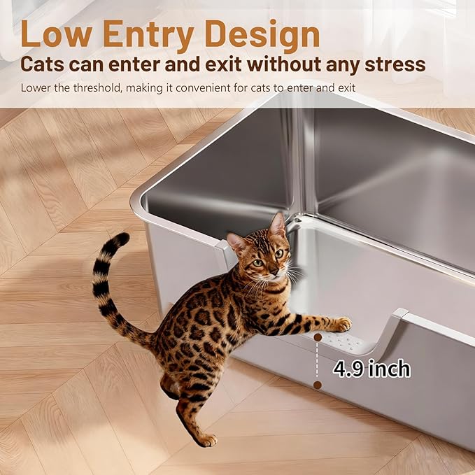 Stainless Steel Cat Litter Box, Steel Litter Pan with Curved Low Entry, Leak Proof 6 Inch High Side for Urine, Easy Entry for Kittens Older Cats, No Slip, 23.6" x 15.7" x 7.9", Silver