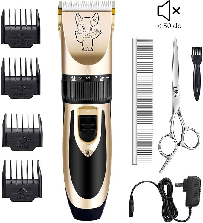 Dog Grooming Kit Clippers, Low Noise, Electric Quiet, Rechargeable, Cordless, Pet Hair Thick Coats Clippers Trimmers Set, Suitable for Dogs, Cats, and Other Pets (Gold)