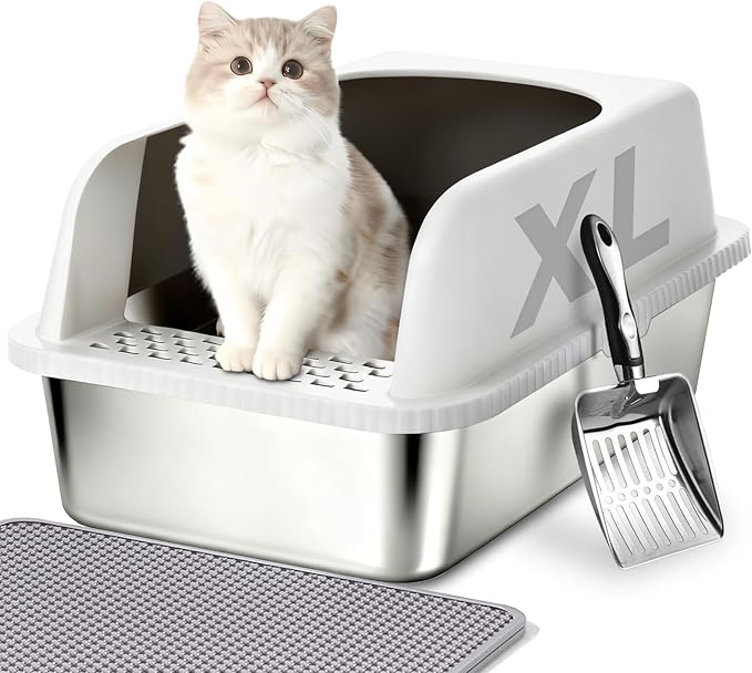 Stainless Steel Cat Litter Box with Lid, 20" L x 14.2" W x 12" H, Extra Large Enclosed Litter Box for Cats, High Sided Anti Leakage, Non-Stick, Includes Stainless Steel Scoop & Cat Mat
