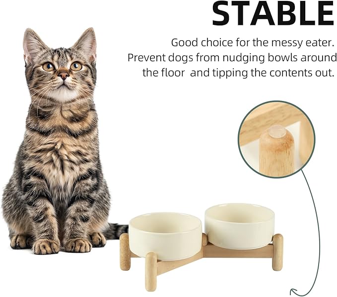 Ceramic 5.1inch Raised Double Bowls Set with Wooden Stand, Elevated Food & Water Bowls for Small Breed Dogs, Cats, Kitty, Weighted Dog Dishes, Pet Bowls(13.5oz, Light Yellow)