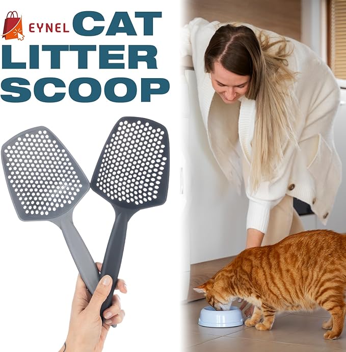 Set of 2 Cat Litter Scoop with Small Holes, Deep Sifting Shovel for Fine Litter, Reptile Terrarium Sand & Rabbit Pooper Lifter, Hanging Handle Poop Scooper (Gray, Set of 2)