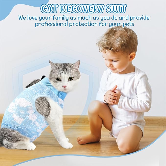 SlowTon Cat Recovery Suit - Cat Onesie for Cats After Surgery Female Male, Kitten Clothes Cats Surgical Spay Suit Abdominal Wounds, E-Collar Alternative Bodysuit Shirt Anti-Licking (Blue Flower,S)