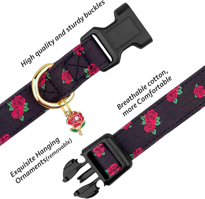 Cotton Handmade Dog Collar Cute and Distinctive Patterns Black Rose with Pendant for Girl Boy Dogs Collars S