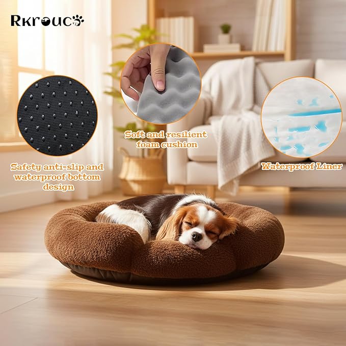 Fluffy Dog Bed Calming Donut Beds for Large Dogs Warming Round Small Medium Pet Nest Cozy Cat Mattress Indoor Washable Puppy Kennel Kittens Sleep Mat (L, 35.4×35.4 inch, Brown)