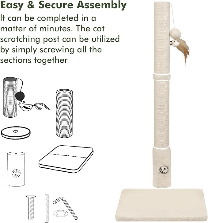 34‘’ Tall Cat Scratching Post with Premium Sisal Rope for Indoor Scratcher Post Tree for Indoor Cat Toy with Mouse Hole, Hanging Ball for Adult Cats and Kittens(Beige)