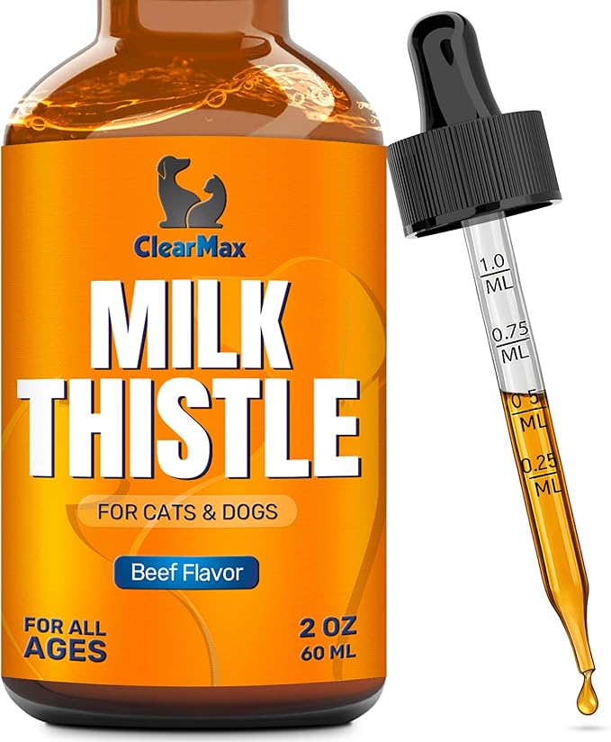 Milk Thistle for Dogs & Puppies – Liquid Supplement for Liver & Kidney Support – Milk Thistle for Cats & Kittens – Effective Digestion Care with Natural Beef Flavor & No Additives – 2 Oz Bottle