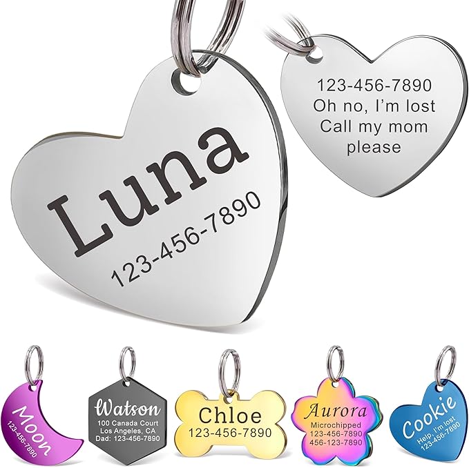 Anavia Personalized Pet ID Tags, Stainless Steel Glossy Laser Engraved Dog Cat Collar Name Tags, Multiple Colors Shapes Sizes (Tilted Heart, Small)