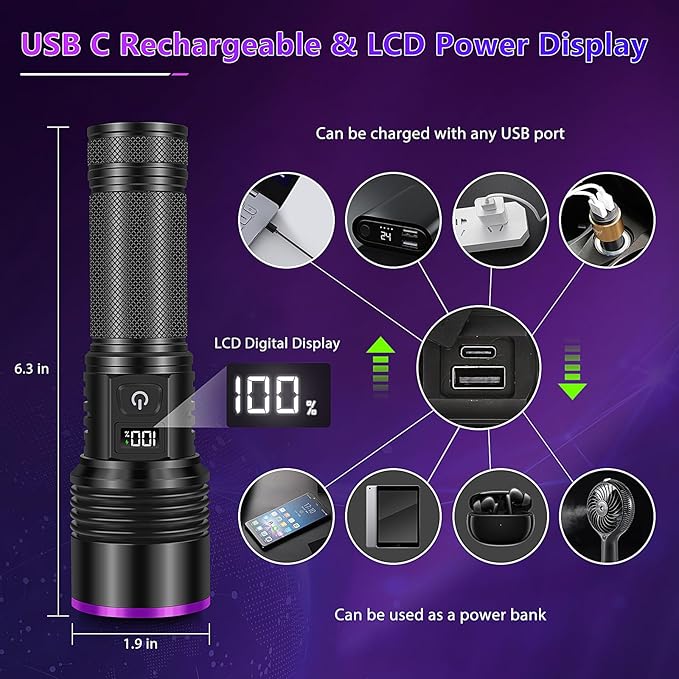 WINDFIRE 365nm UV Flashlight, Rechargeable Blacklight Flashlights with LCD Display, Powerful Black Light for Pet Urine Detection, Scorpions, Resin Curing, Blood Tracking, Uranium Glass, AC Leak