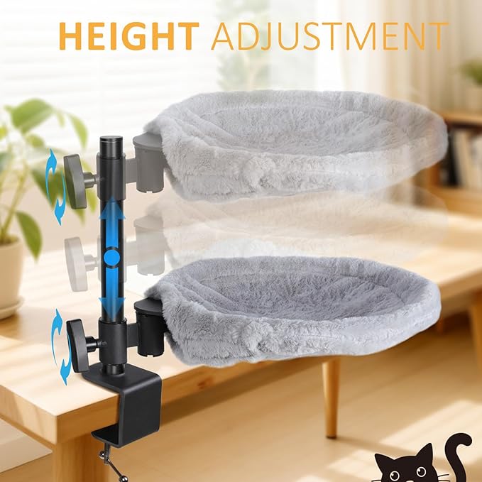 Topmart Cat Desk Bed with 360° Rotating & Adjustable Height, Cat Hammock for Desk with 2 Washable Pads, Easy to Install, Kittens Bed for Desk Attachment for Home Office,Up to 45LBS, Grey & Black