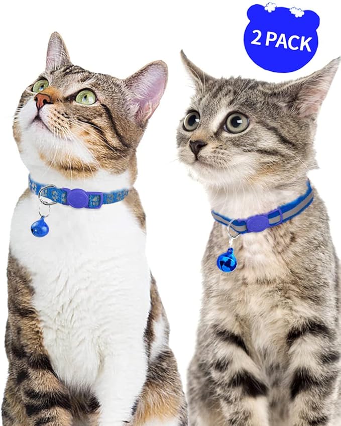 Taglory Reflective Cat Collar Breakaway with Bell, High Visibility Night Strip, Lightweight Adjustable Nylon Collar for Boy Girl Cats, 2 Pack, 7.5-12.5 Inch, Navy Blue
