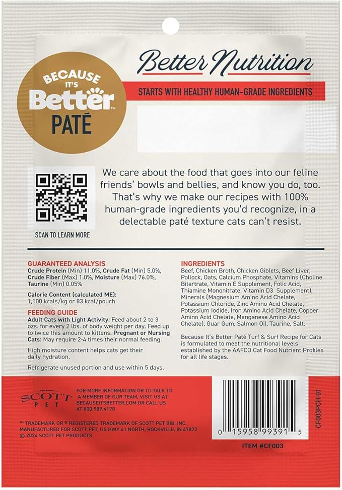 Because It's Better Pate Complete Meal, Turf & Surf Recipe, 2.6 oz Pouches, Wet Cat Food, 12 Count