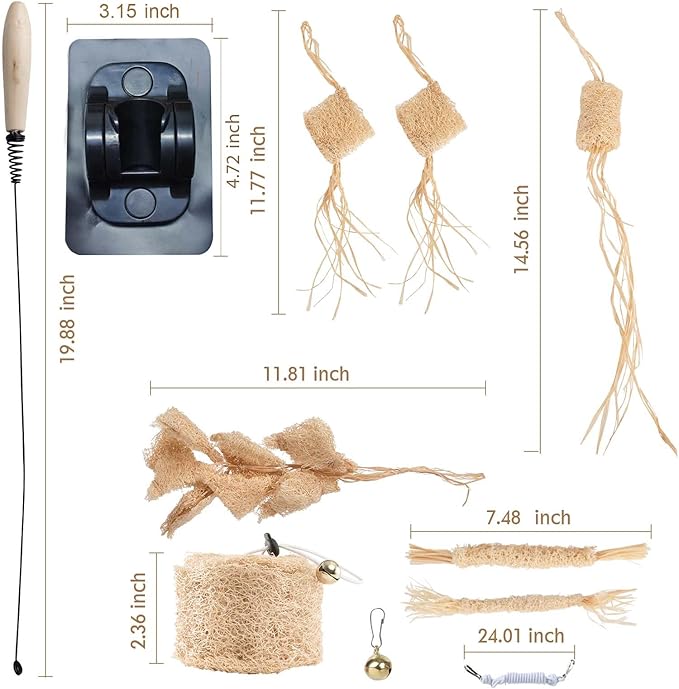 Cat Chew Toy-Natural Loofah Raffia Catnip Toys-7pcs Handmade Gum Massage Teether w/ Cat Wand Toy, Interactive Teeth Cleaning,Kitten Chew Stick for Aggressive Chewers, Safe Bite Relief & Stress Relief