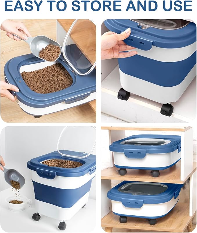 20-23 Lbs Dog Food Storage Container - Collapsible Dog Food Container with Wheels Airtight Lids, Scoop and Small Container, Pet Food Storage Dry Food For Dog, Cats and Other Pet (Blue)